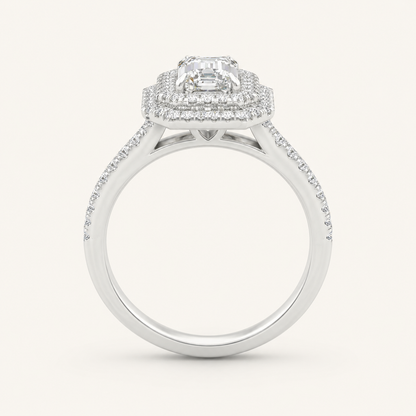 2CT Emerald Cut Lab Grown Diamond Double Halo Side Stone Ring