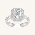 2CT Emerald Cut Lab Grown Diamond Double Halo Side Stone Ring