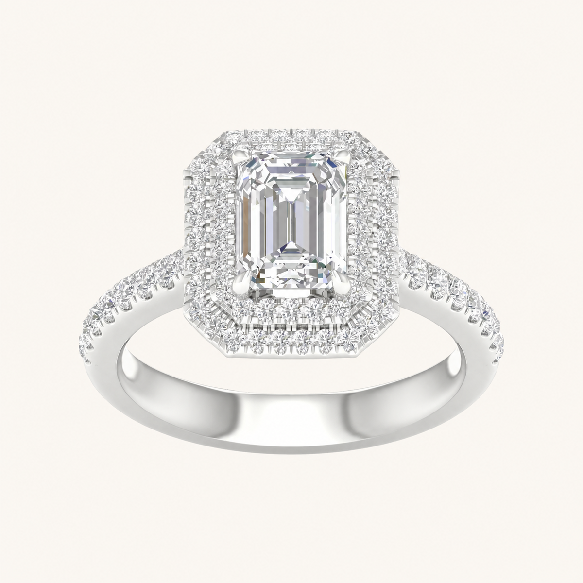 2CT Emerald Cut Lab Grown Diamond Double Halo Side Stone Ring