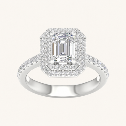 2CT Emerald Cut Lab Grown Diamond Double Halo Side Stone Ring