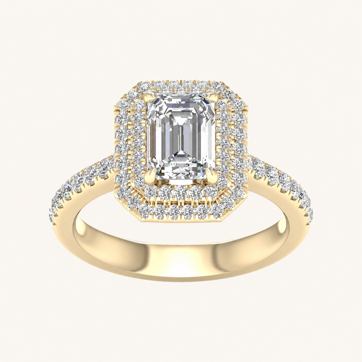 2CT Emerald Cut Lab Grown Diamond Double Halo Side Stone Ring