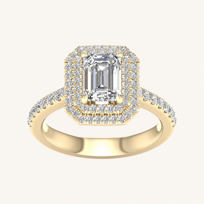 2CT Emerald Cut Lab Grown Diamond Double Halo Side Stone Ring