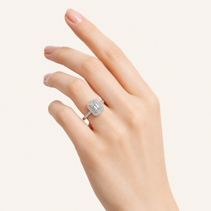 2CT Emerald Cut Lab Grown Diamond Double Halo Side Stone Ring