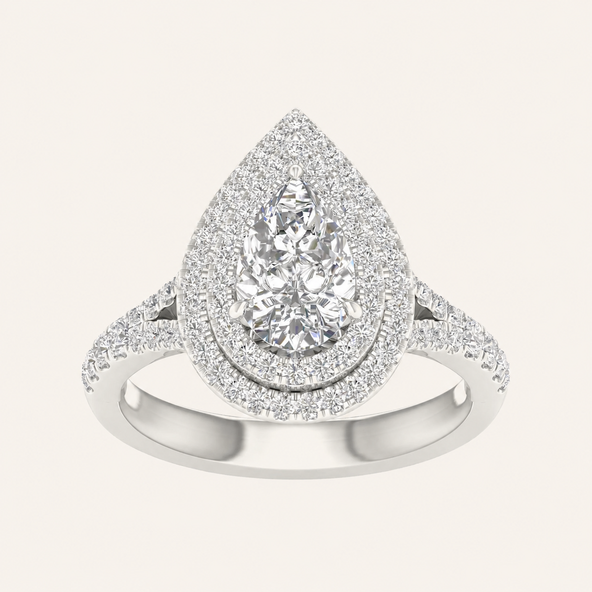 2CT Pear Cut Lab Grown Diamond Double Halo Side Stone Ring