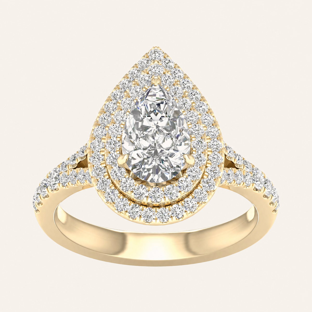 2CT Pear Cut Lab Grown Diamond Double Halo Side Stone Ring