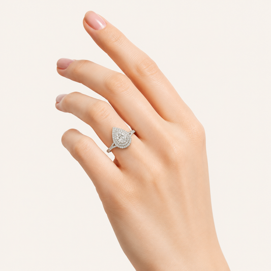 2CT Pear Cut Lab Grown Diamond Double Halo Side Stone Ring