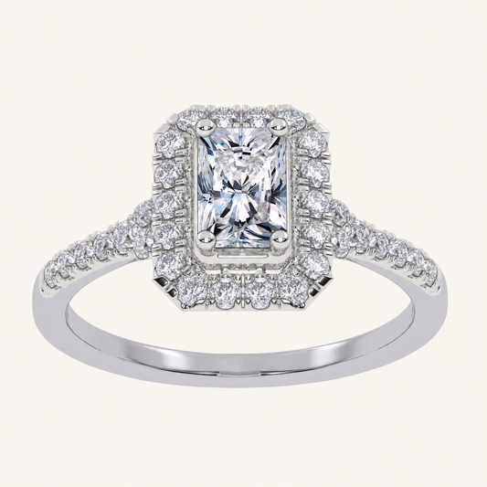 0.49CT Radiant Cut Lab Grown Diamond Halo Side Stone Ring