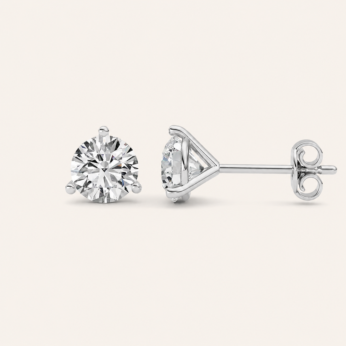 1CT Round Cut Lab Grown Diamond Three-Prong Martini Stud Earrings