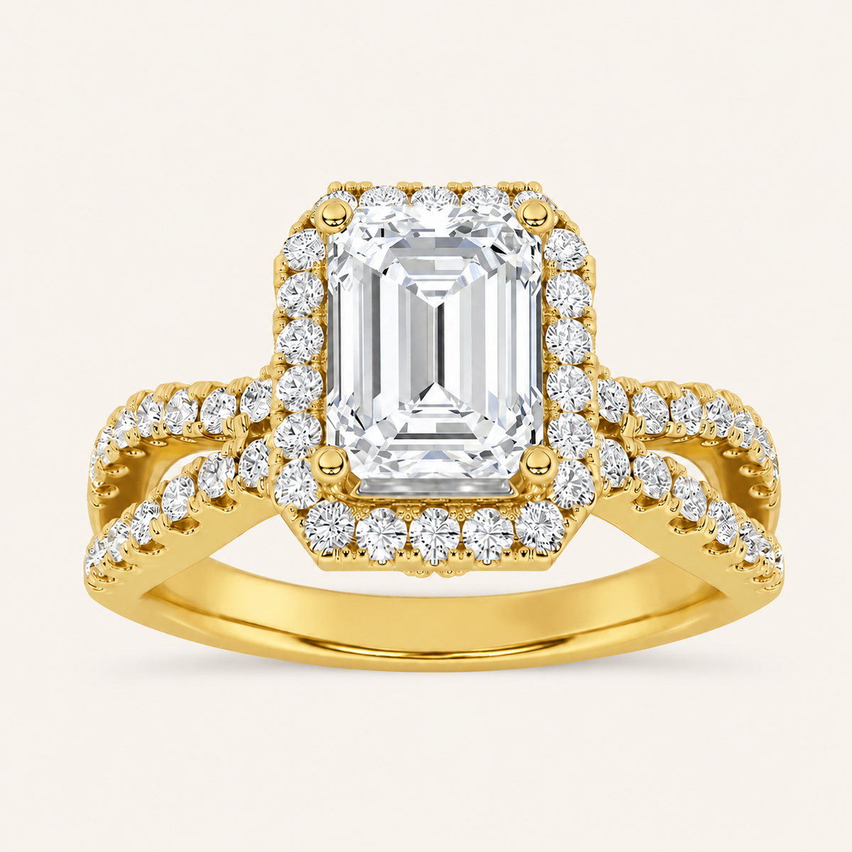2CT Emerald Cut Lab Grown Diamond Split Shank Halo Side Stone Ring