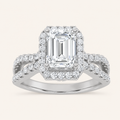 2CT Emerald Cut Lab Grown Diamond Split Shank Halo Side Stone Ring