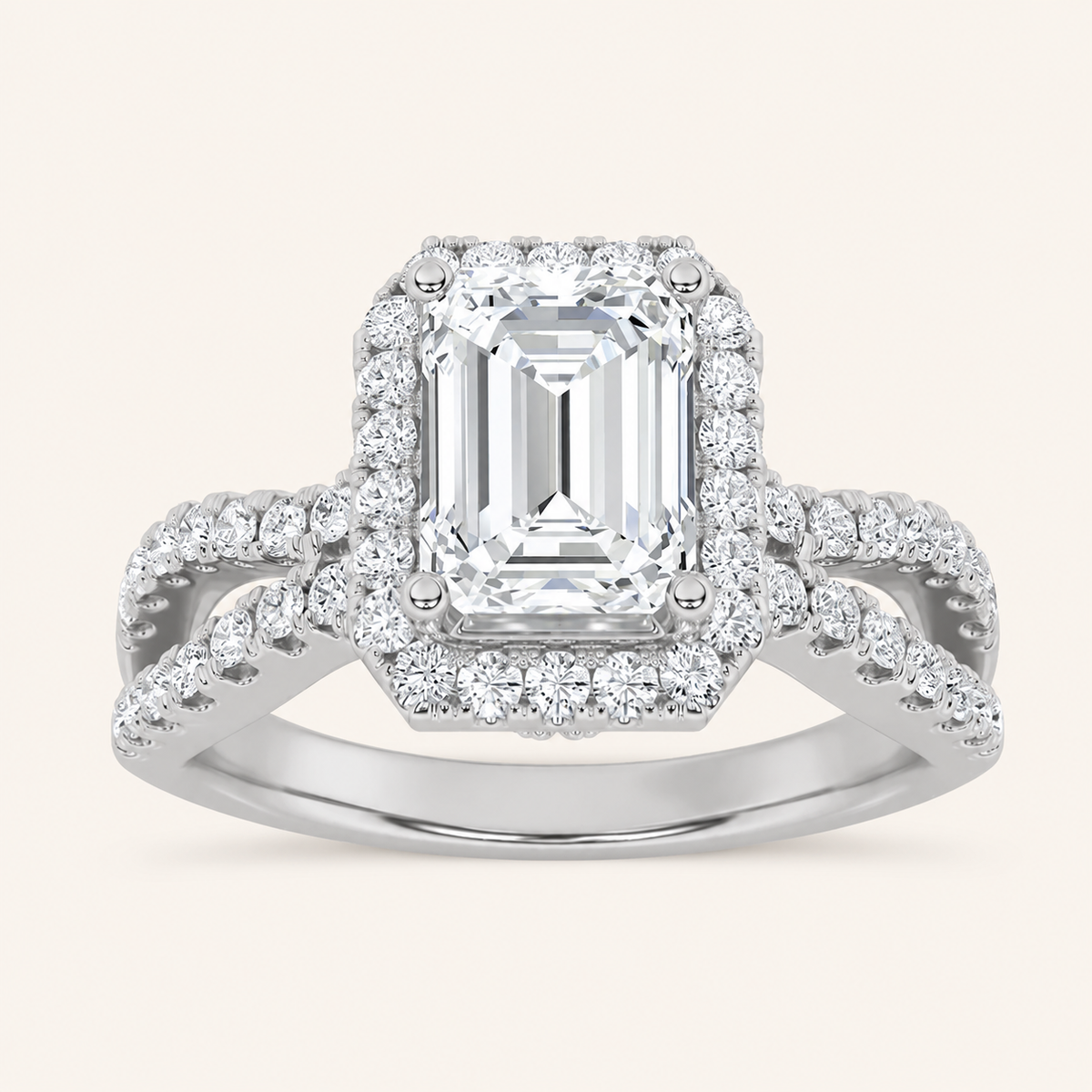 2CT Emerald Cut Lab Grown Diamond Split Shank Halo Side Stone Ring