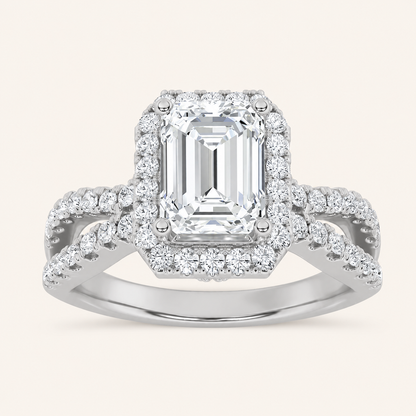 2CT Emerald Cut Lab Grown Diamond Split Shank Halo Side Stone Ring
