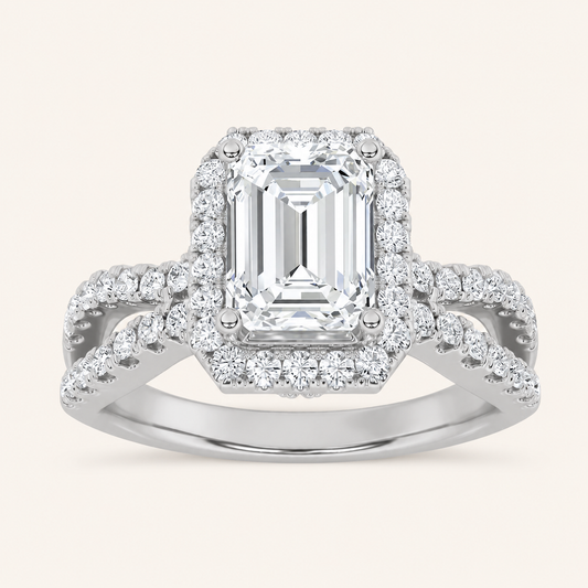 2CT Emerald Cut Lab Grown Diamond Split Shank Halo Side Stone Ring