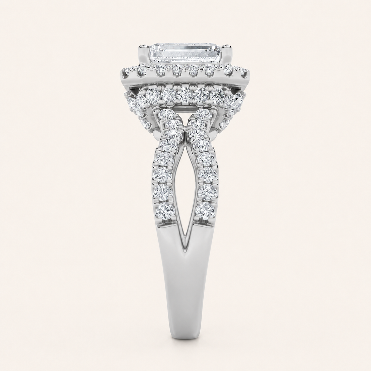 2CT Emerald Cut Lab Grown Diamond Split Shank Halo Side Stone Ring