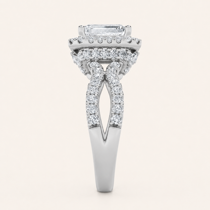 2CT Emerald Cut Lab Grown Diamond Split Shank Halo Side Stone Ring