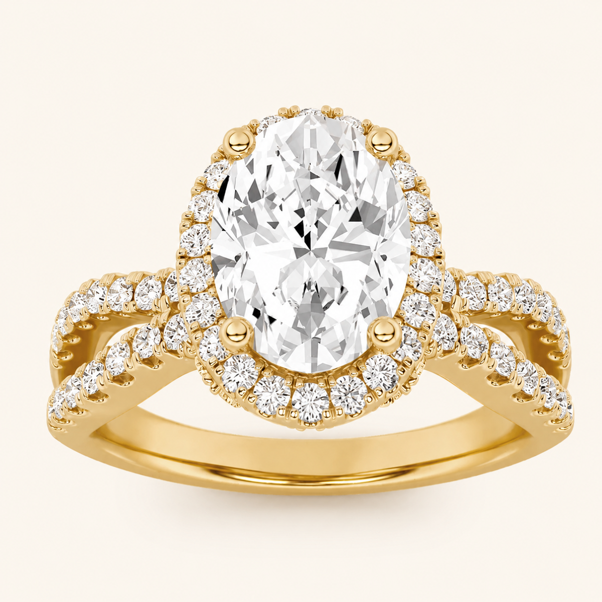 2CT Oval Cut Lab Grown Diamond Split Shank Halo Side Stone Ring