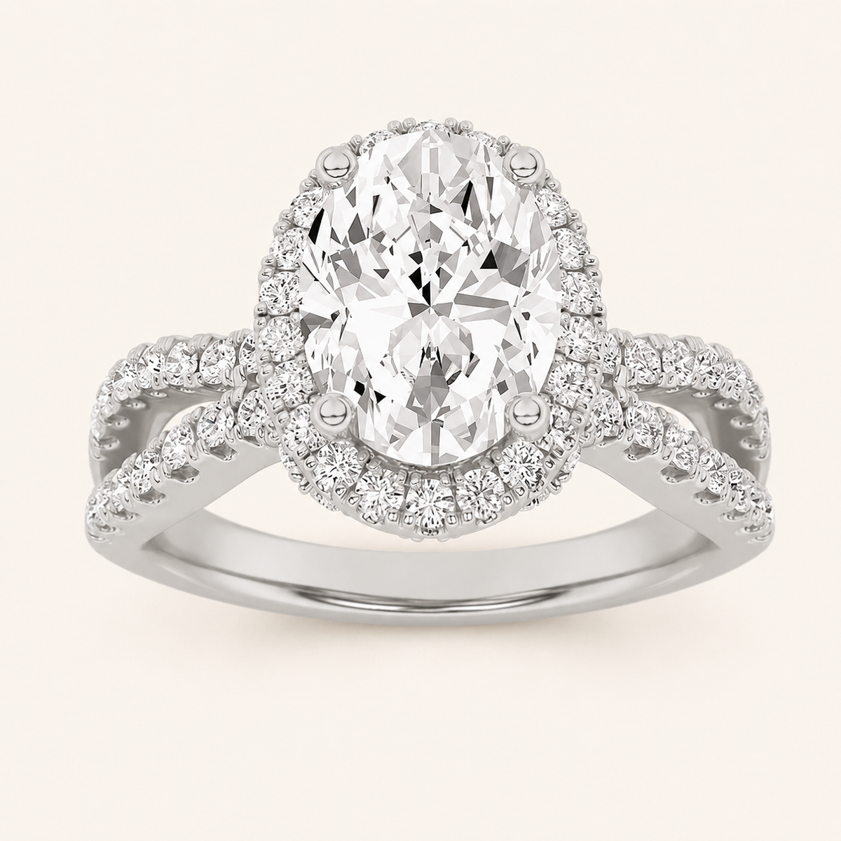 2CT Oval Cut Lab Grown Diamond Split Shank Halo Side Stone Ring