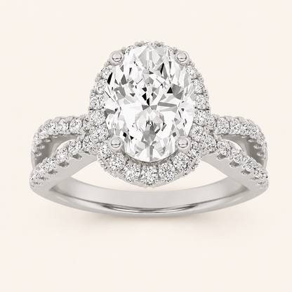 2CT Oval Cut Lab Grown Diamond Split Shank Halo Side Stone Ring