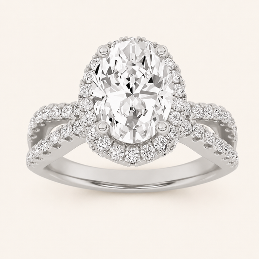 2CT Oval Cut Lab Grown Diamond Split Shank Halo Side Stone Ring