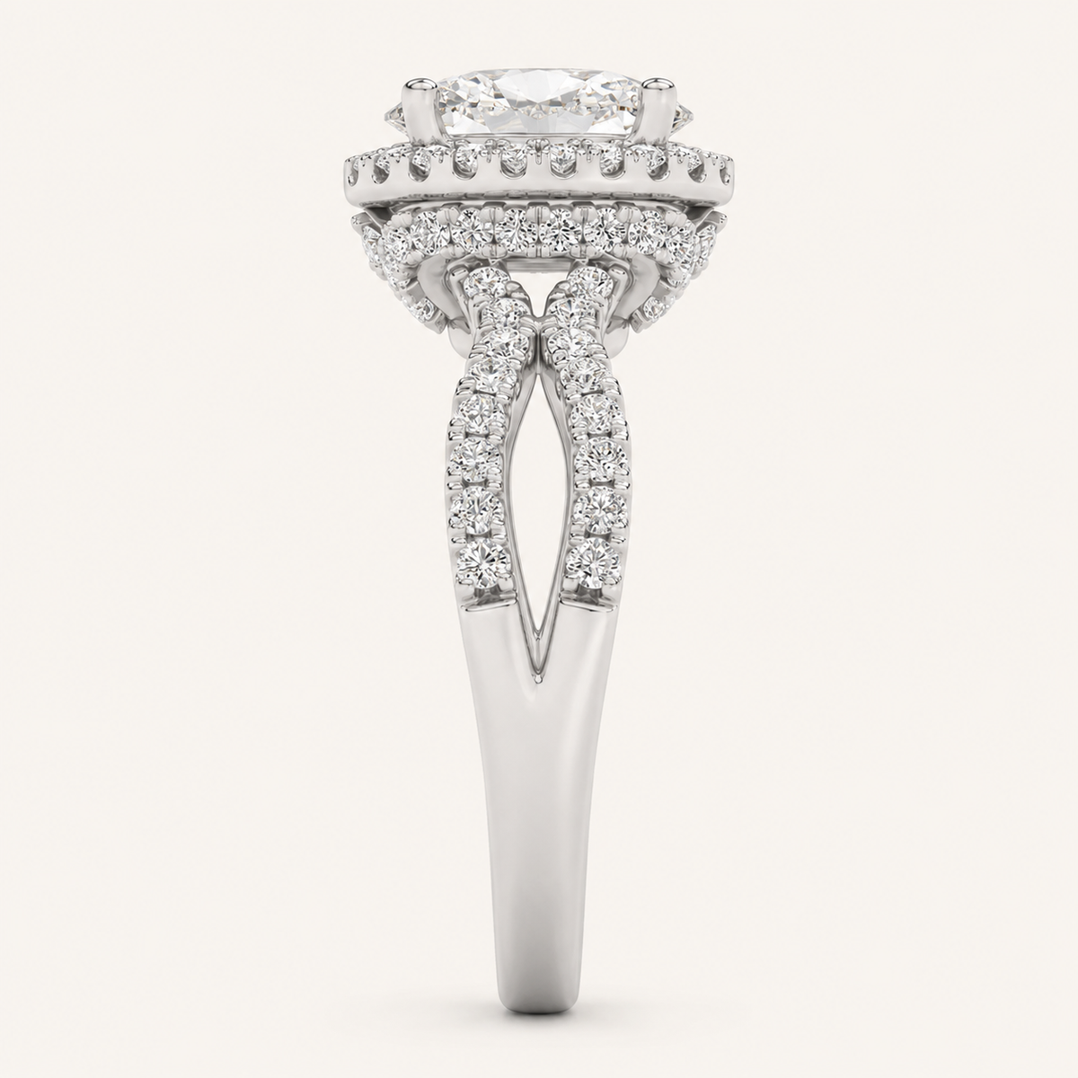 2CT Oval Cut Lab Grown Diamond Split Shank Halo Side Stone Ring
