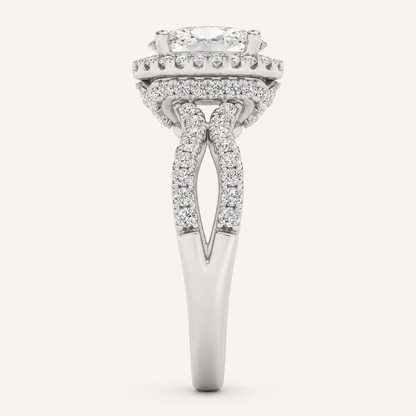 2CT Oval Cut Lab Grown Diamond Split Shank Halo Side Stone Ring