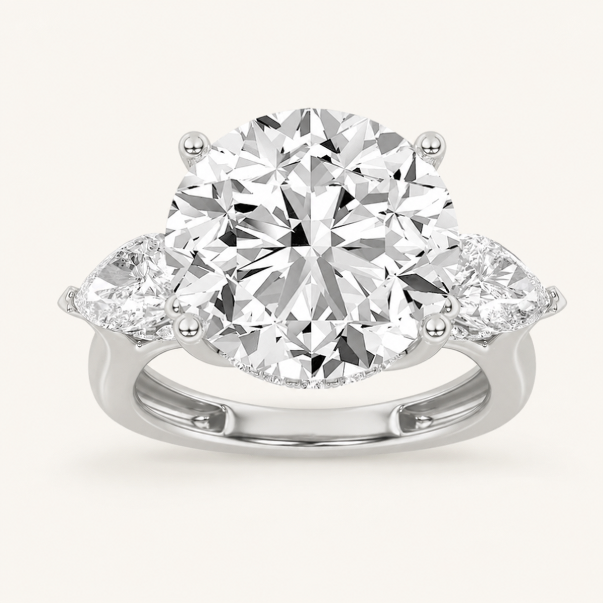 7.25 CT Round Cut Lab Grown Diamond Three Stone Side Stone Bold Accented Ring