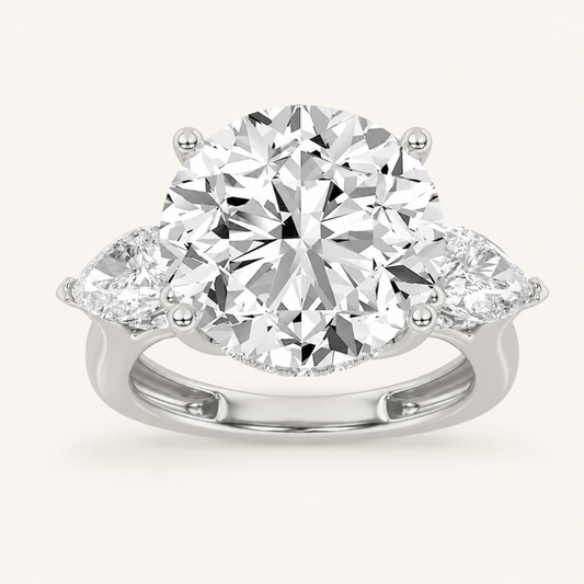 7.25 CT Round Cut Lab Grown Diamond Three Stone Side Stone Bold Accented Ring