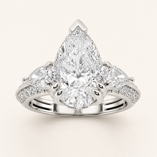 3.50 CT Pear Cut Lab Grown Diamond Three Stone Side Stone Ring