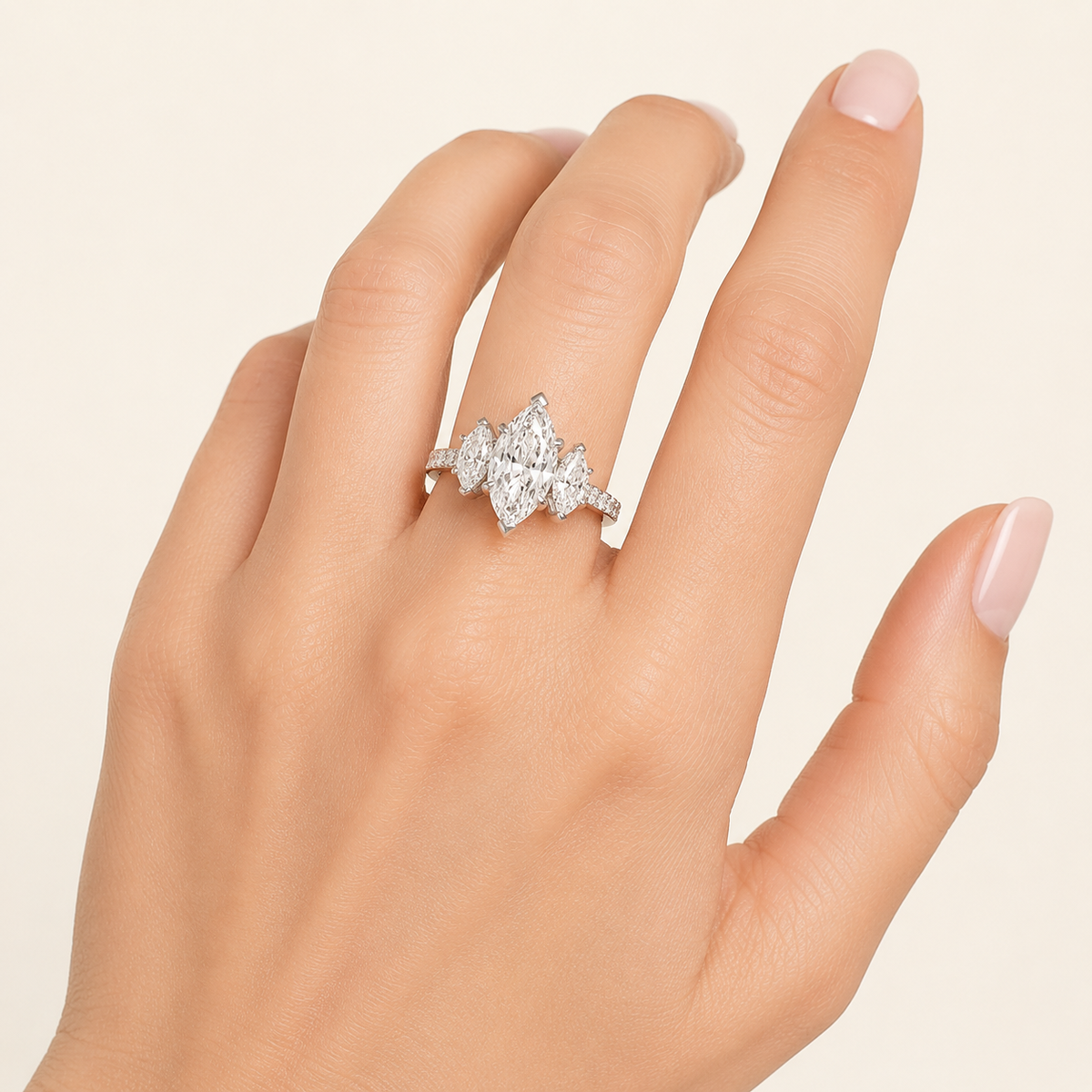 4.00 CT Marquise Cut Lab Grown Diamond Three Stone Side Stone Ring