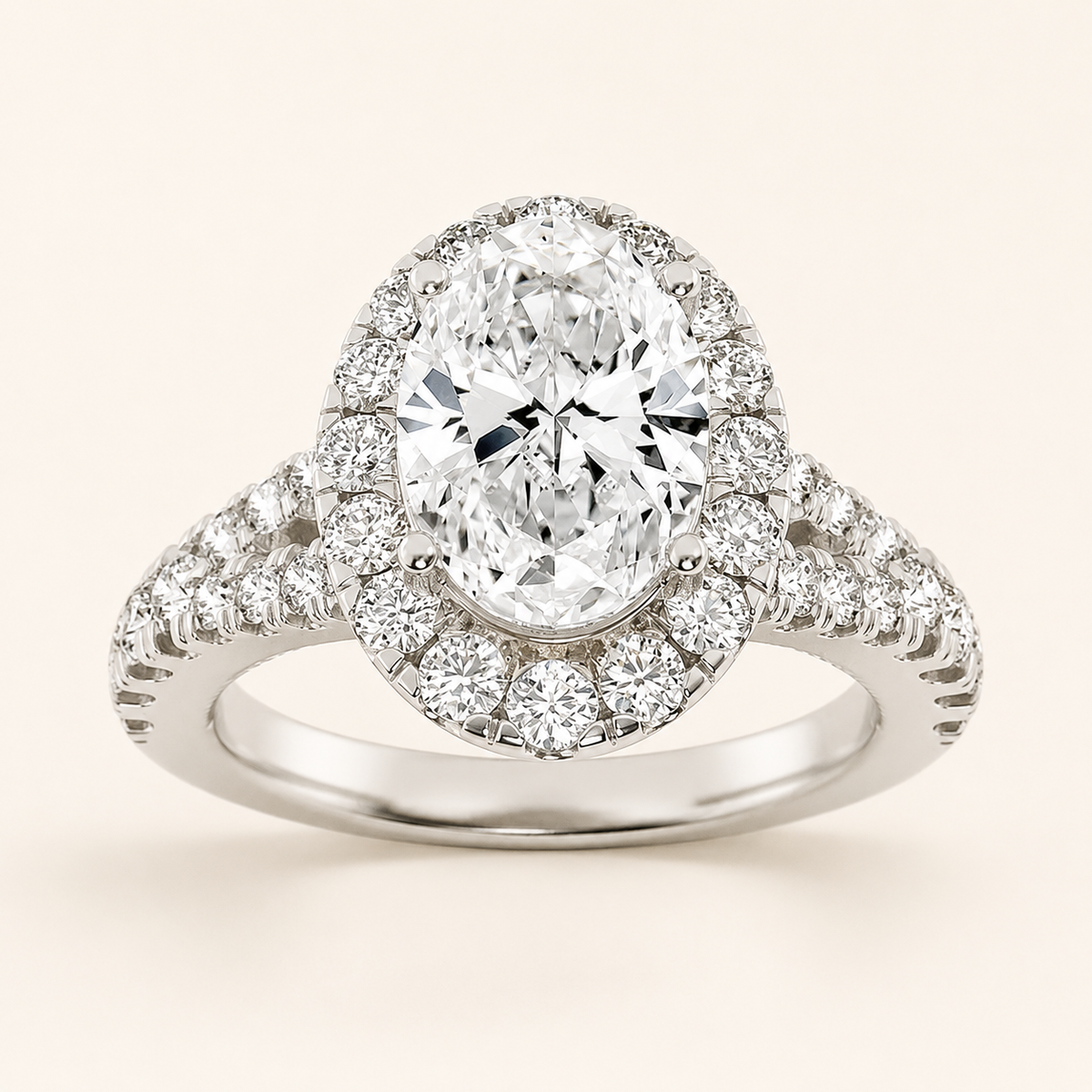 2.5CT Oval Cut Lab Grown Diamond Halo Side Stone Ring