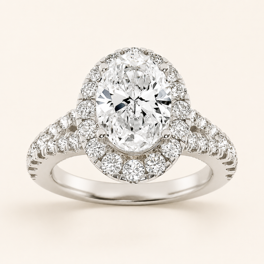 2.5CT Oval Cut Lab Grown Diamond Halo Side Stone Ring