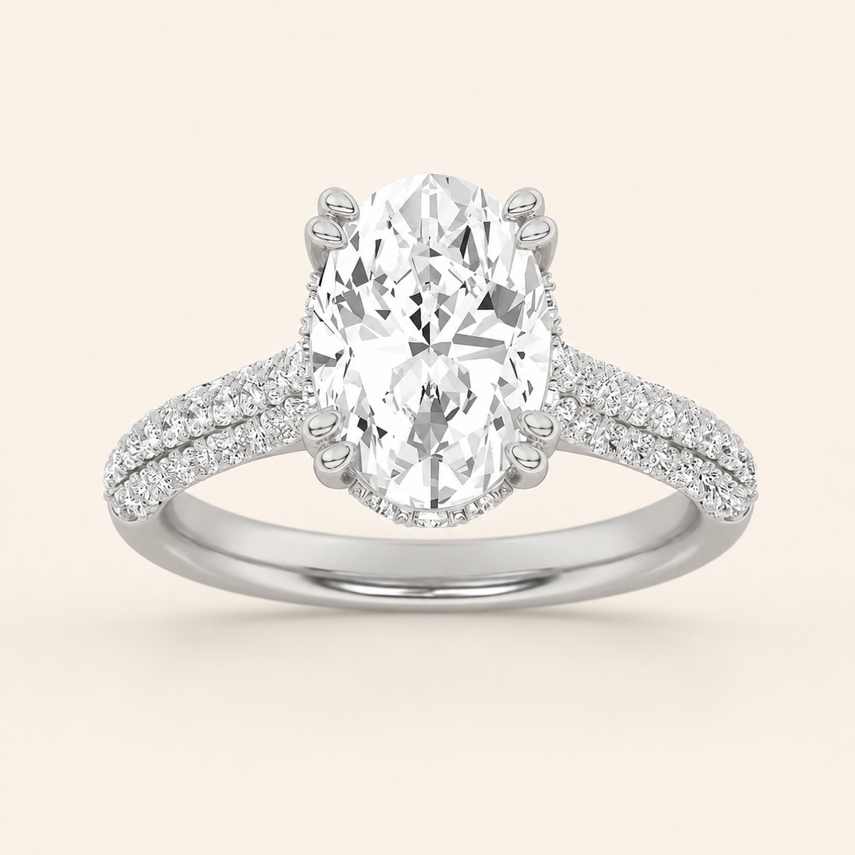 3.00 CT Oval Cut Lab Grown Diamond Triple Row Accented Halo Side Stone Ring