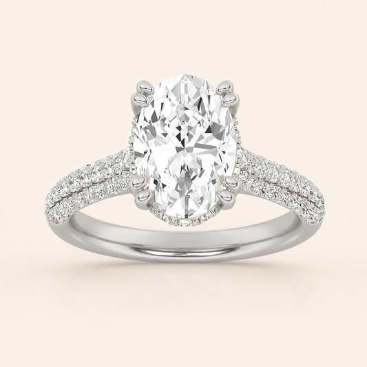 3.00 CT Oval Cut Lab Grown Diamond Triple Row Accented Halo Side Stone Ring