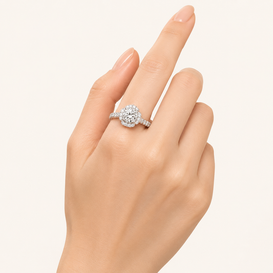 1.5 CT Round Cut Lab Grown Diamond Halo Side Stone Ring