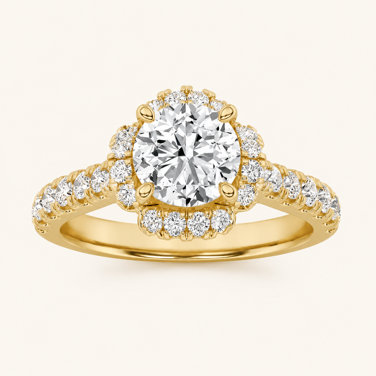 1.5 CT Round Cut Lab Grown Diamond Halo Side Stone Ring