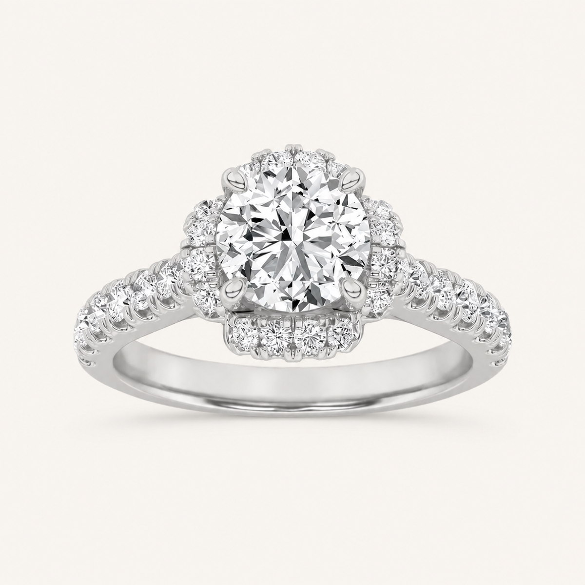 1.5 CT Round Cut Lab Grown Diamond Halo Side Stone Ring