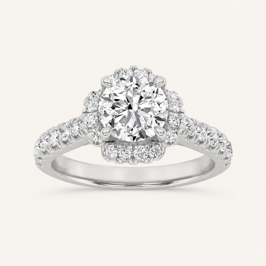 1.5 CT Round Cut Lab Grown Diamond Halo Side Stone Ring