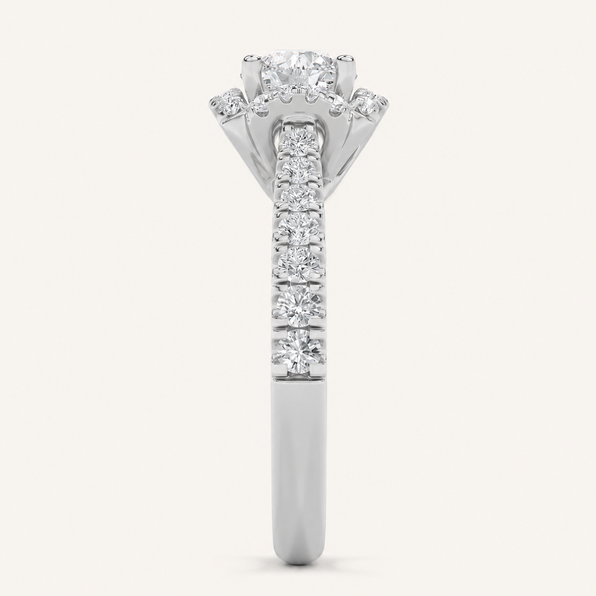 1.5 CT Round Cut Lab Grown Diamond Halo Side Stone Ring