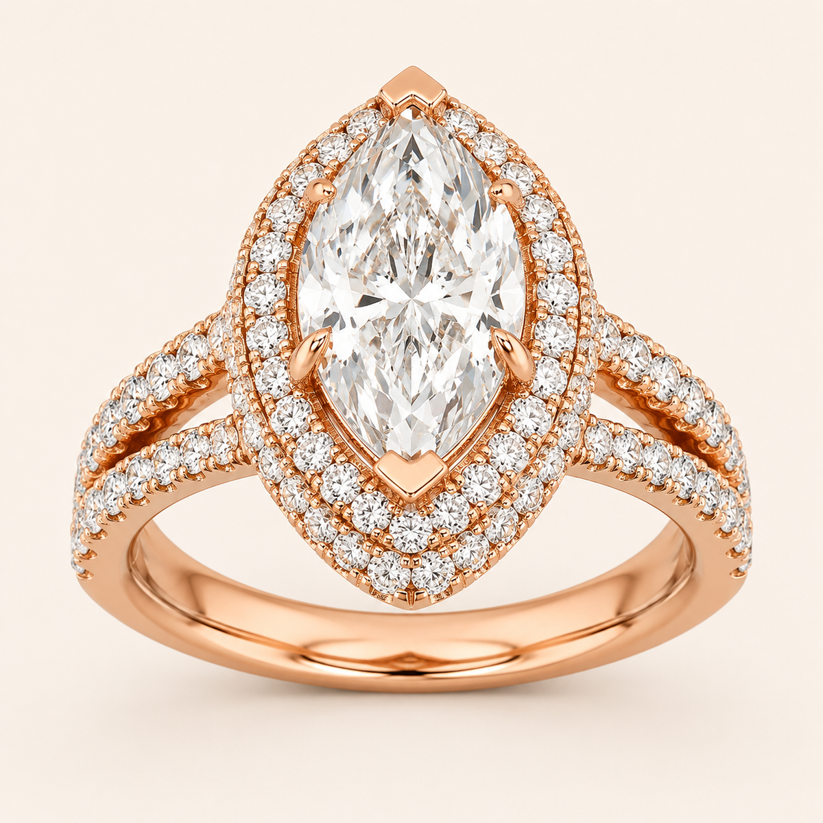 3.00 CT Marquise Cut Lab Grown Diamond Three Row Accented Halo Side Stone Ring