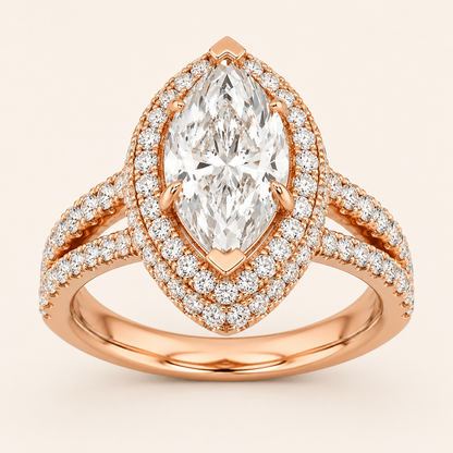 3.00 CT Marquise Cut Lab Grown Diamond Three Row Accented Halo Side Stone Ring