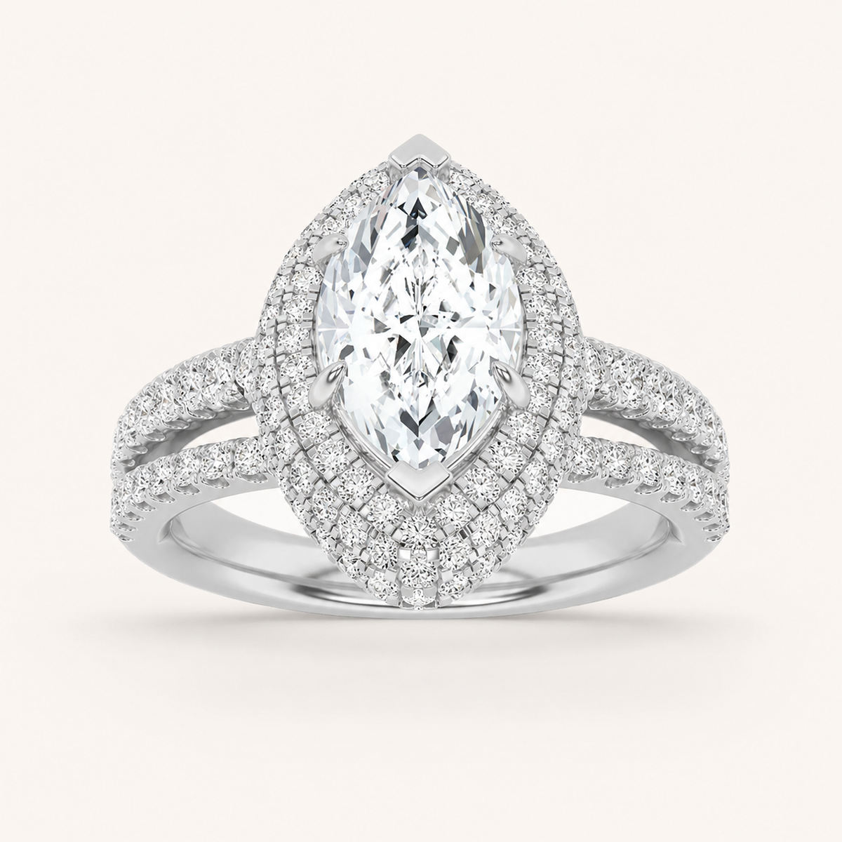 3.00 CT Marquise Cut Lab Grown Diamond Three Row Accented Halo Side Stone Ring
