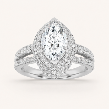 3.00 CT Marquise Cut Lab Grown Diamond Three Row Accented Halo Side Stone Ring
