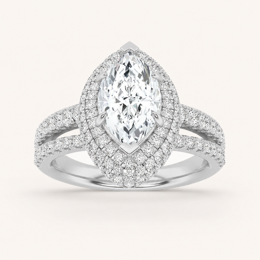 3.00 CT Marquise Cut Lab Grown Diamond Three Row Accented Halo Side Stone Ring