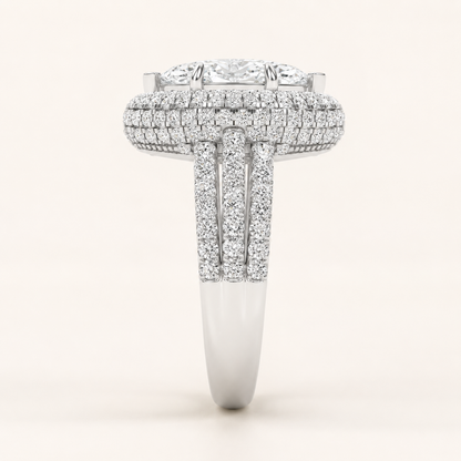 3.00 CT Marquise Cut Lab Grown Diamond Three Row Accented Halo Side Stone Ring