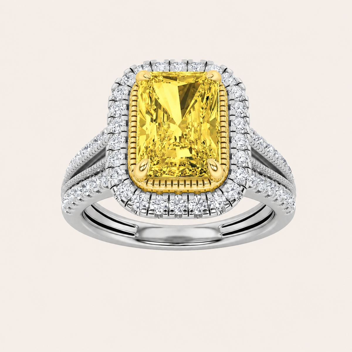 2.5CT Radiant Cut Fancy Yellow Lab Grown Diamond Split Shank Halo Side Stone Ring