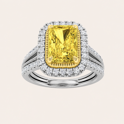 2.5CT Radiant Cut Fancy Yellow Lab Grown Diamond Split Shank Halo Side Stone Ring