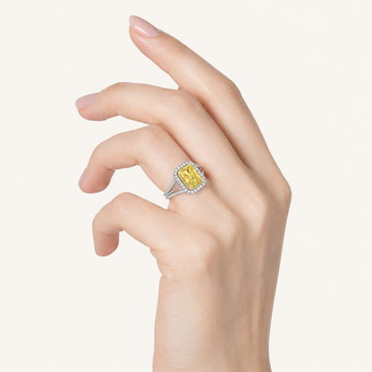 2.5CT Radiant Cut Fancy Yellow Lab Grown Diamond Split Shank Halo Side Stone Ring