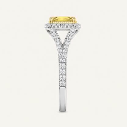 2.5CT Radiant Cut Fancy Yellow Lab Grown Diamond Split Shank Halo Side Stone Ring