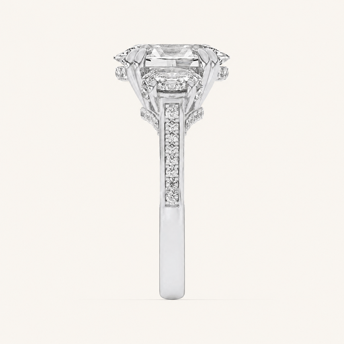 5CT Oval Cut Lab Grown Diamond Three Stone Side Stone Ring
