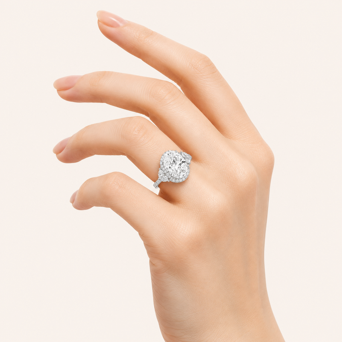 7.25CT Oval Cut Lab Grown Diamond Bold Accented Halo Three Stone Ring